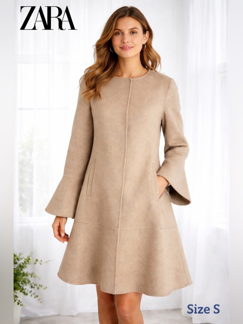 ZARA BASIC Outwear women Elegant Tan Flared Sleeve Coat Classic preppy size S
